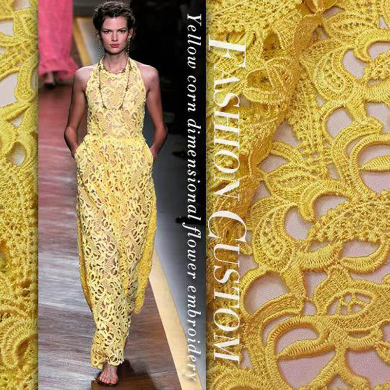 Embroidery Yellow Dress - high-end lace cloth yellow stereo embroidery