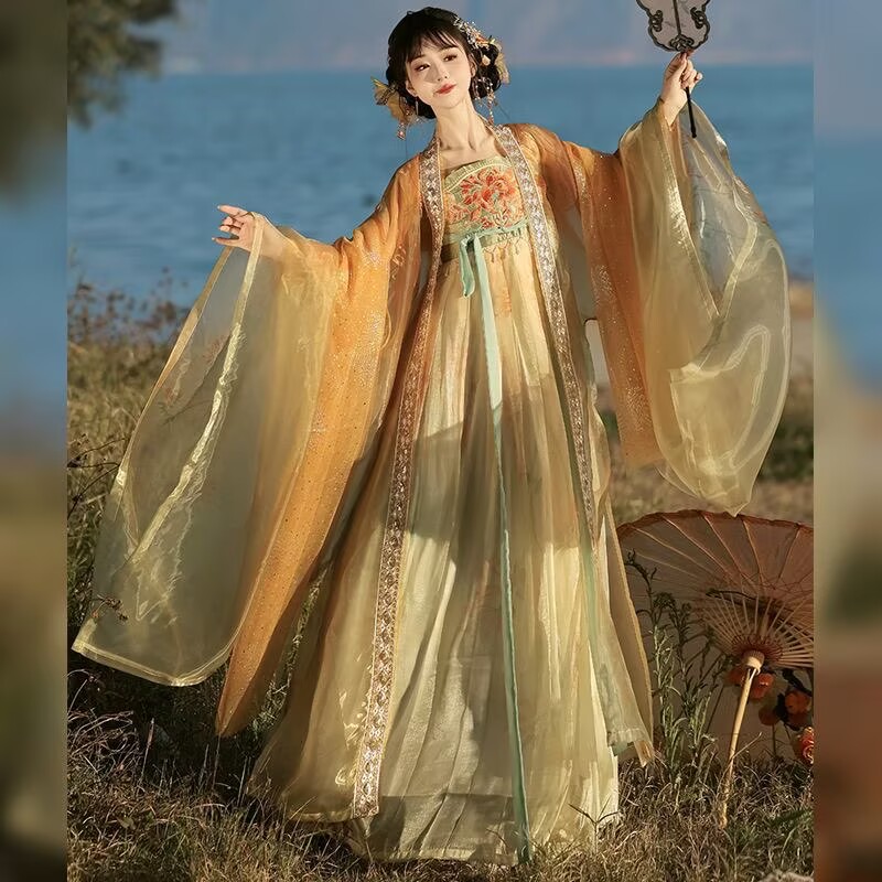 Embroidery Yellow Dress - Women's Traditional Chinese Hanfu Dress Embroidery