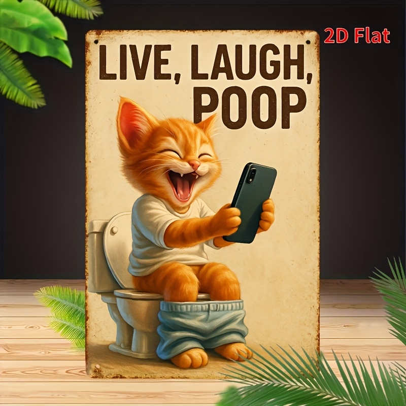 Embroidery Wall Art - Funny Cat on Toilet Metal Wall