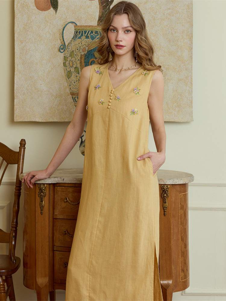 Embroidery Yellow Dress - 86-98cm Bust Summer Long Dresses For