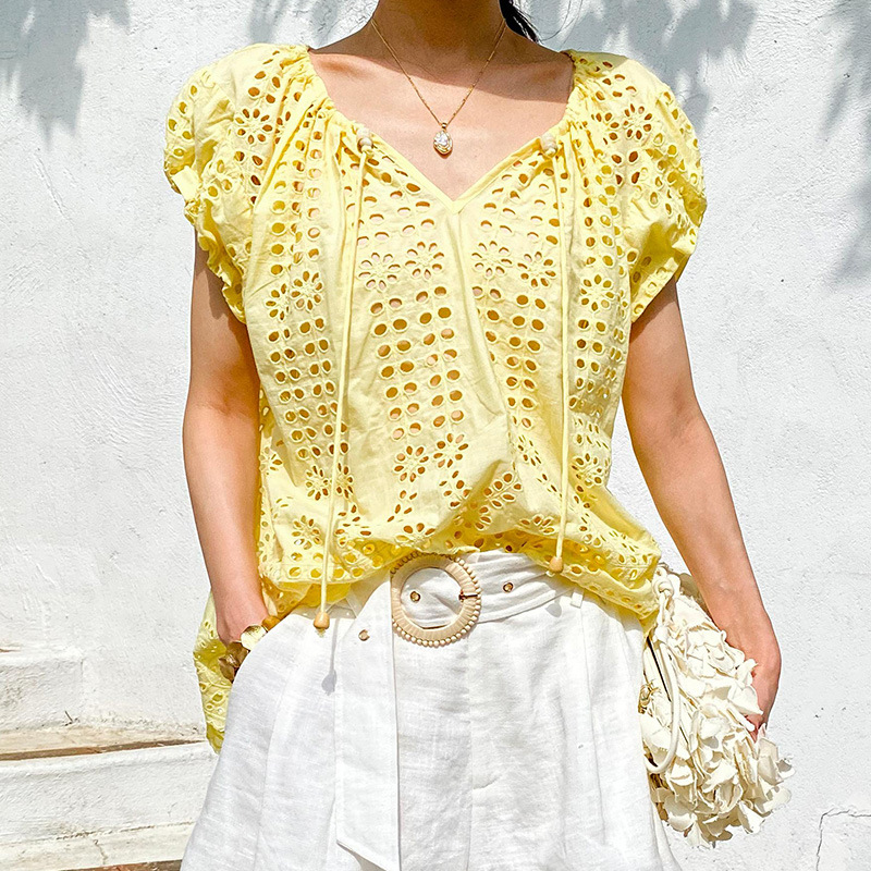 French Style Elegant Chic Blou - đánh giá và giá Embroidery Yellow
