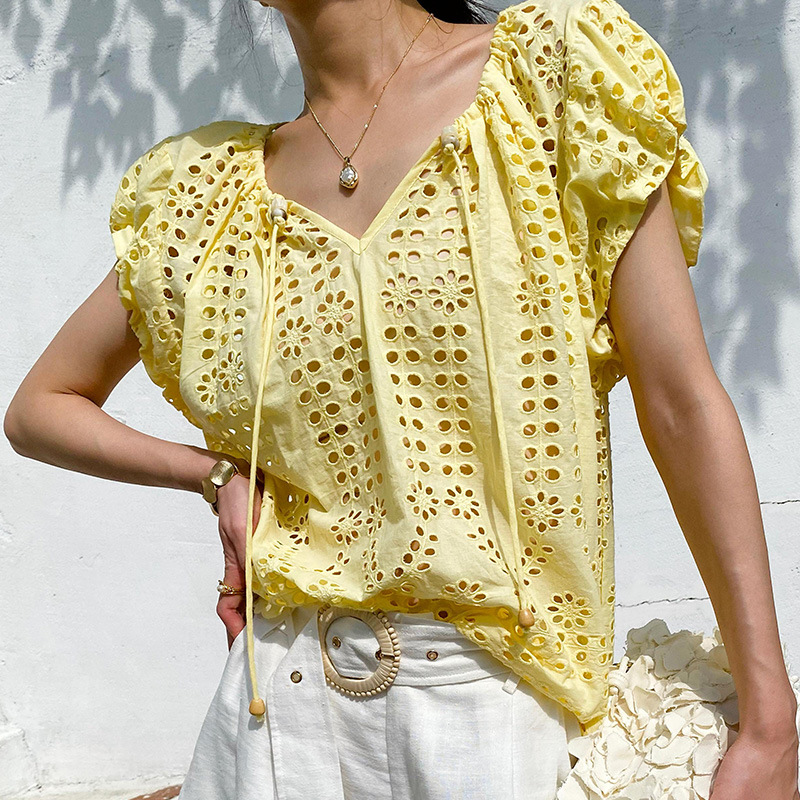 French Style Elegant Chic Blou - đánh giá và giá Embroidery Yellow