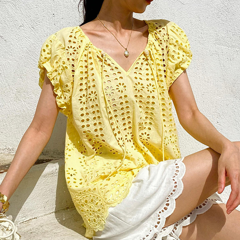 French Style Elegant Chic Blou - đánh giá và giá Embroidery Yellow