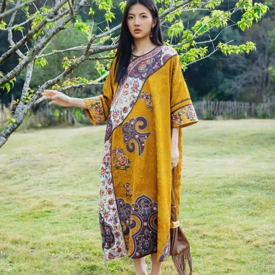 Luxury spring robe for women y - đánh giá và giá Embroidery Yellow Dress