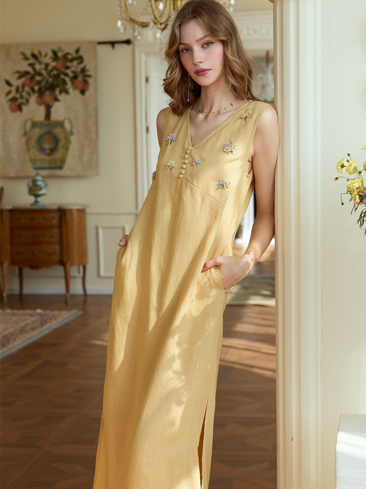 86-98cm Bust Summer Long Dress - đánh giá và giá Embroidery Yellow Dress