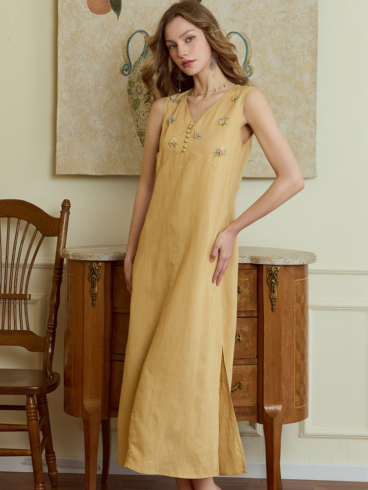 86-98cm Bust Summer Long Dress - đánh giá và giá Embroidery Yellow Dress