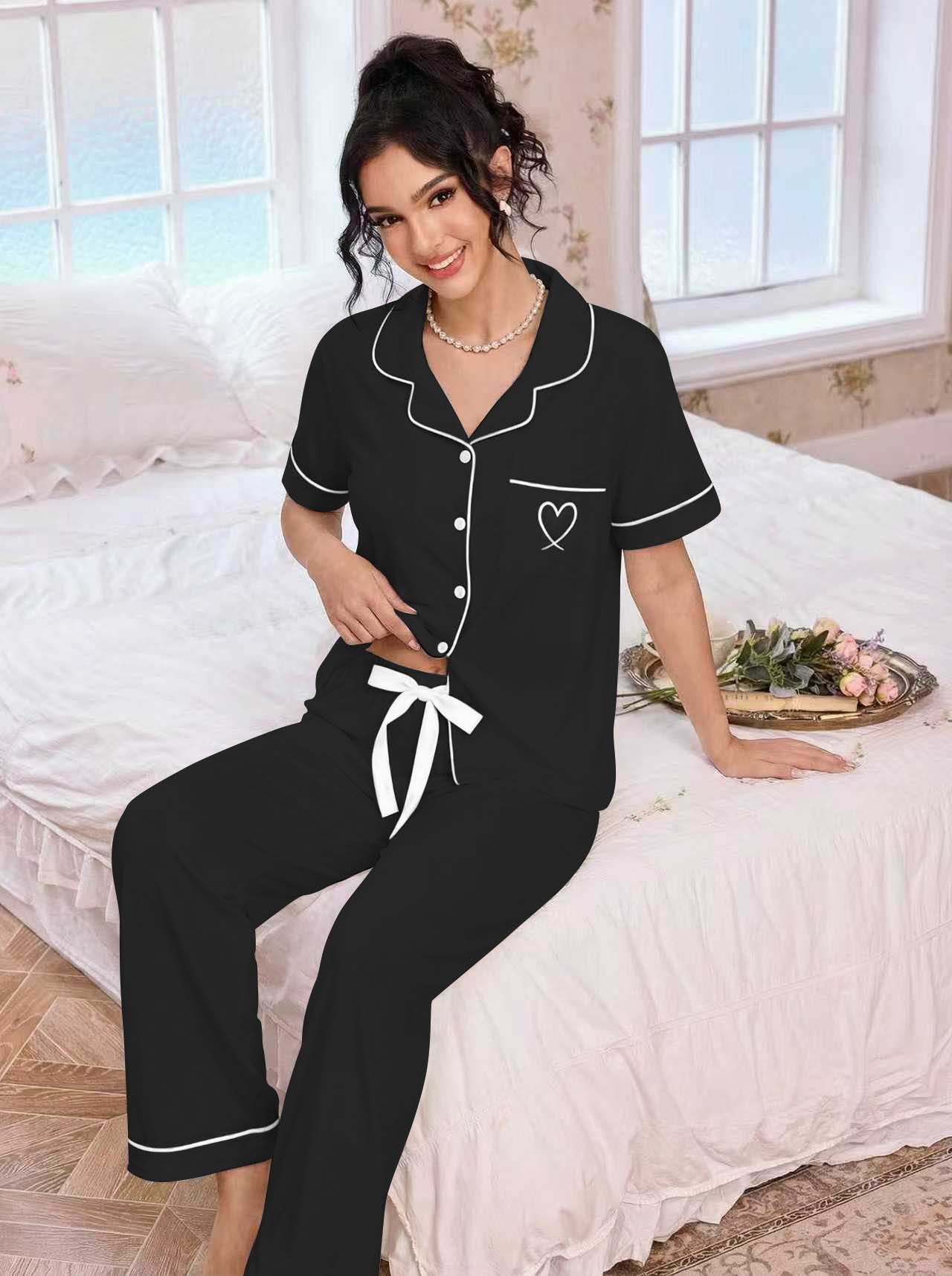 Women Lapel Pajamas Set Heart  - đánh giá và giá Embroidery Set
