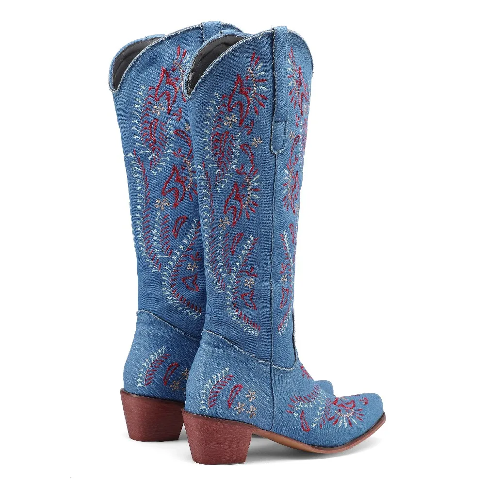 Blue Denim Western Cowgirl Kne - đánh giá và giá Embroidery Flower