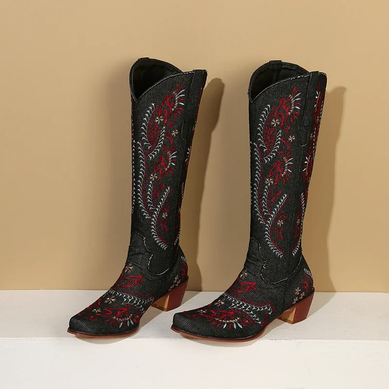 Blue Denim Western Cowgirl Kne - đánh giá và giá Embroidery Flower